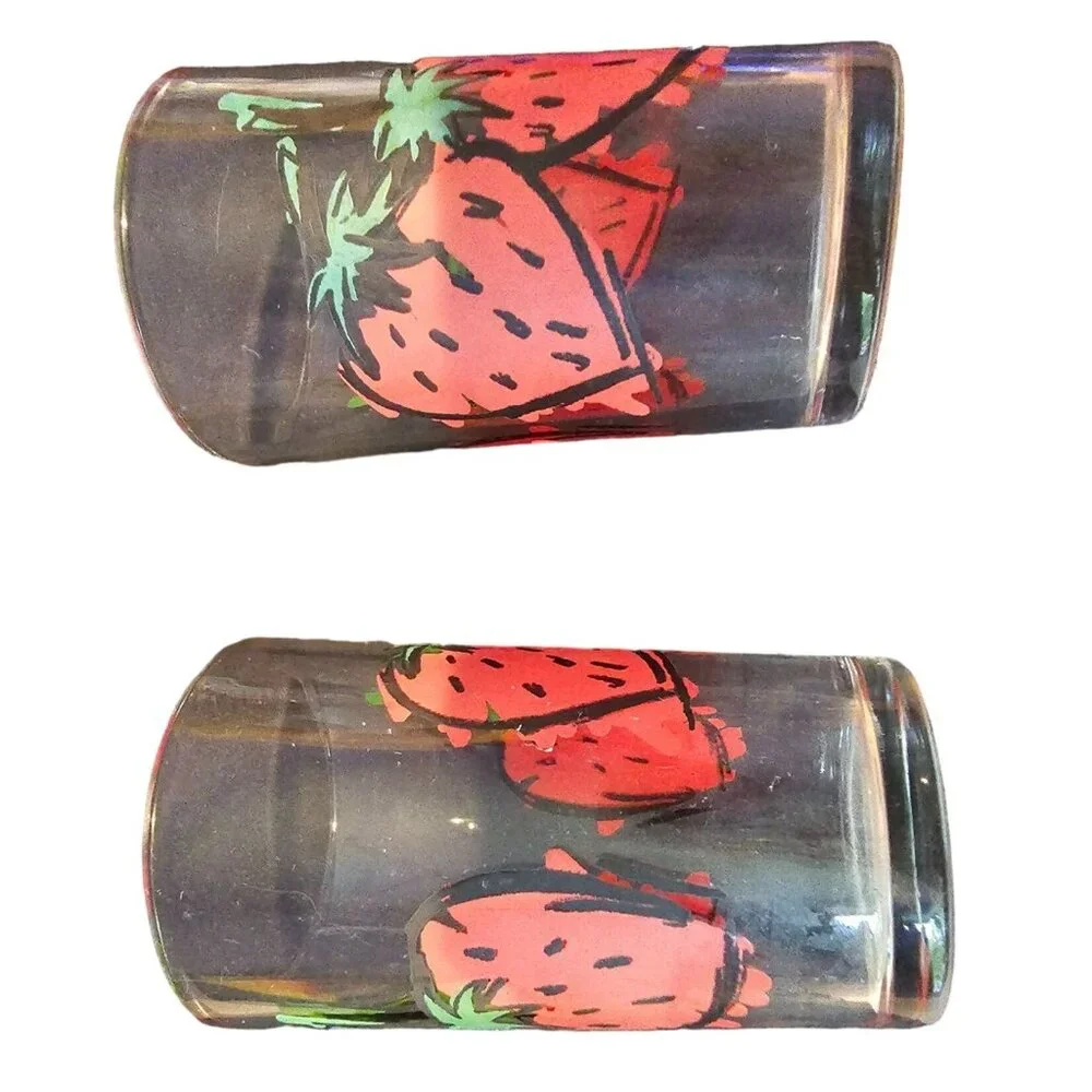 Strawberry Print Clear Drinking Glasses Set of 2 Vtg Unmarked Red Green Cartoon